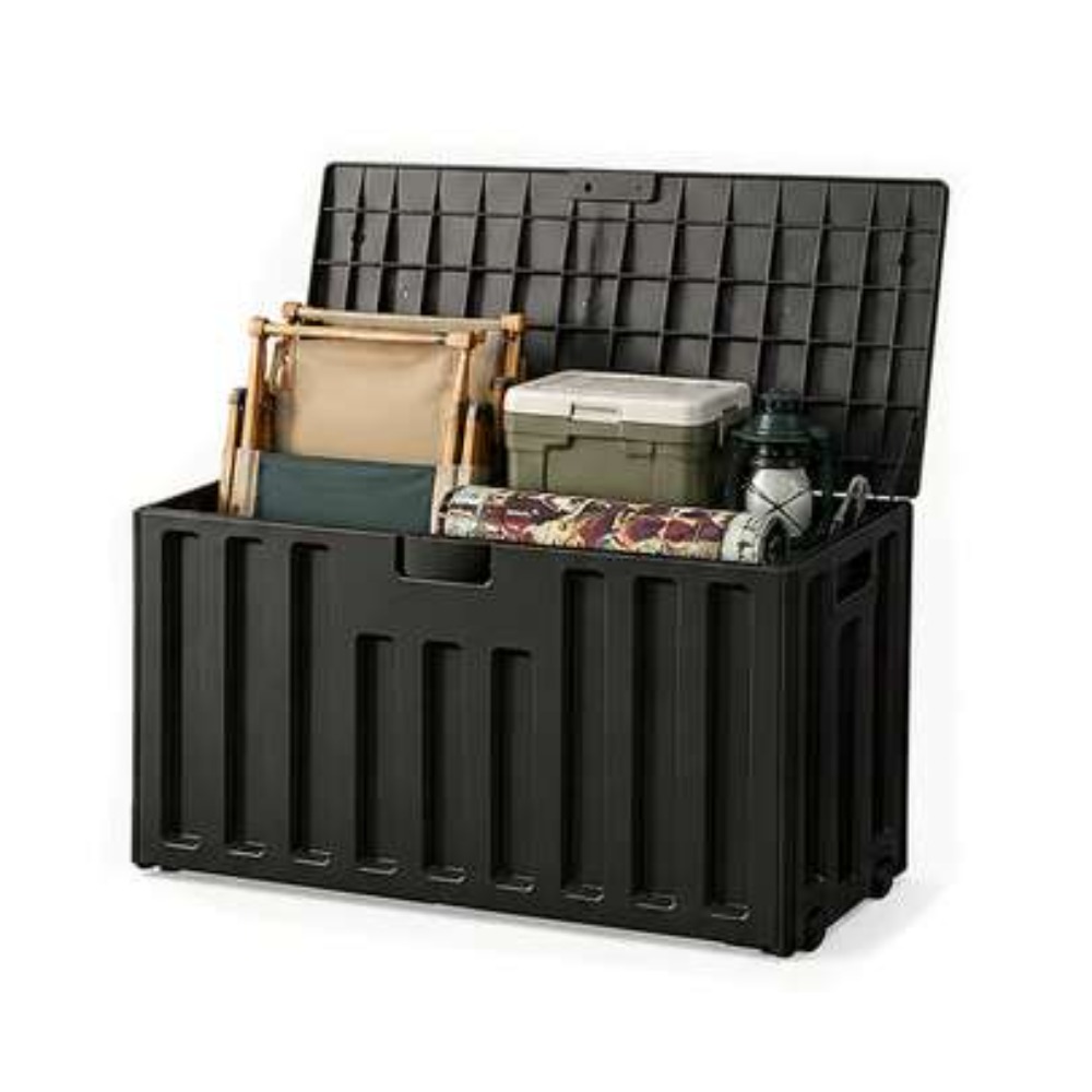 Sports Equipment Box - Großer Outdoor-Aufbewahrungsbehälter aus Kunstharz, schwarzes Holzmuster,