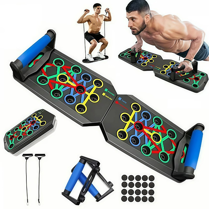 Sports Equipment Meaning - Faltbares Push-Up-Board mit Widerstandsbändern, multifunktionale Liegestützgriffe,